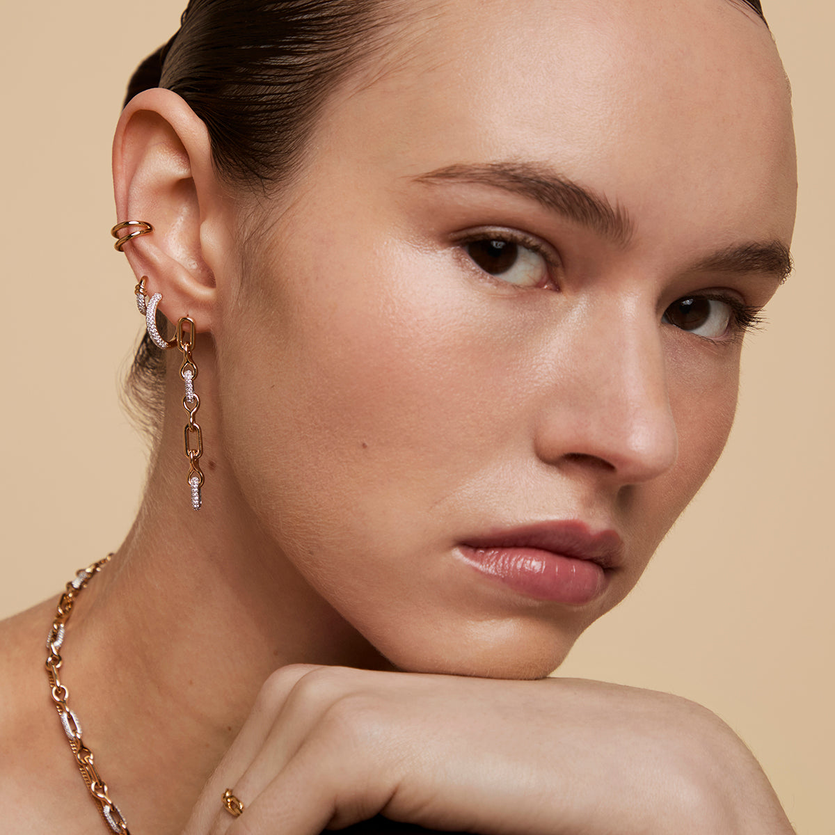 Pavé Chain Link Drop Studs in Gold