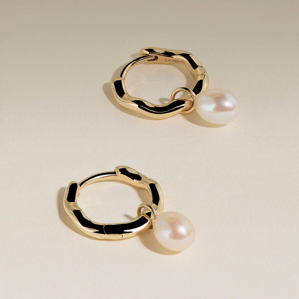 Scalloped Pearl Charm Huggies in Solid Gold
