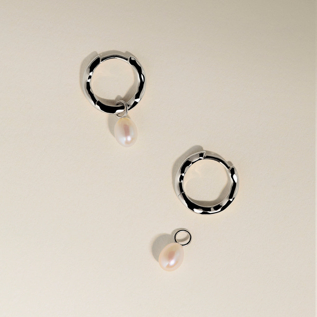 Scalloped Pearl Charm Huggies in Solid White Gold