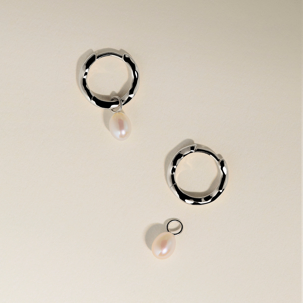 Scalloped Pearl Charm Huggies in Solid White Gold