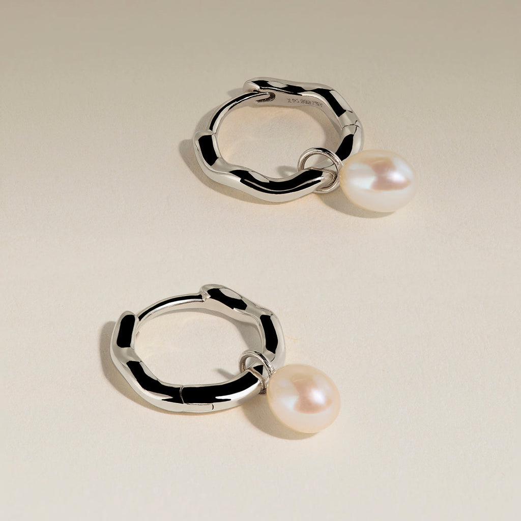 Scalloped Pearl Charm Huggies in Solid White Gold