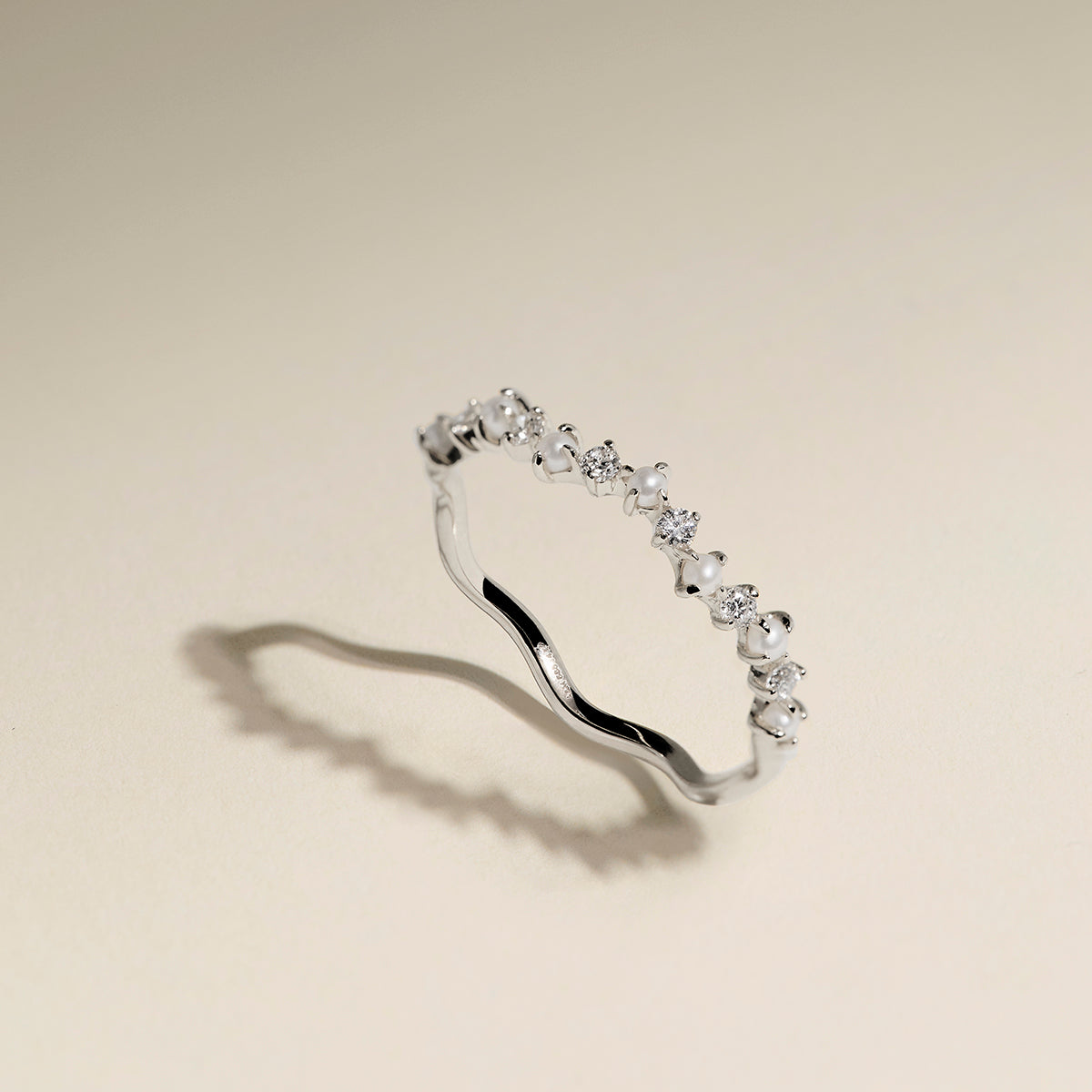 Diamond & Pearl Scalloped Ring in Solid White Gold