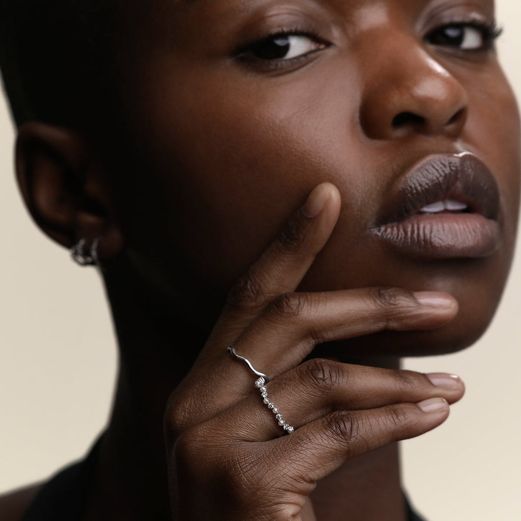 Diamond & Pearl Scalloped Ring in Solid White Gold