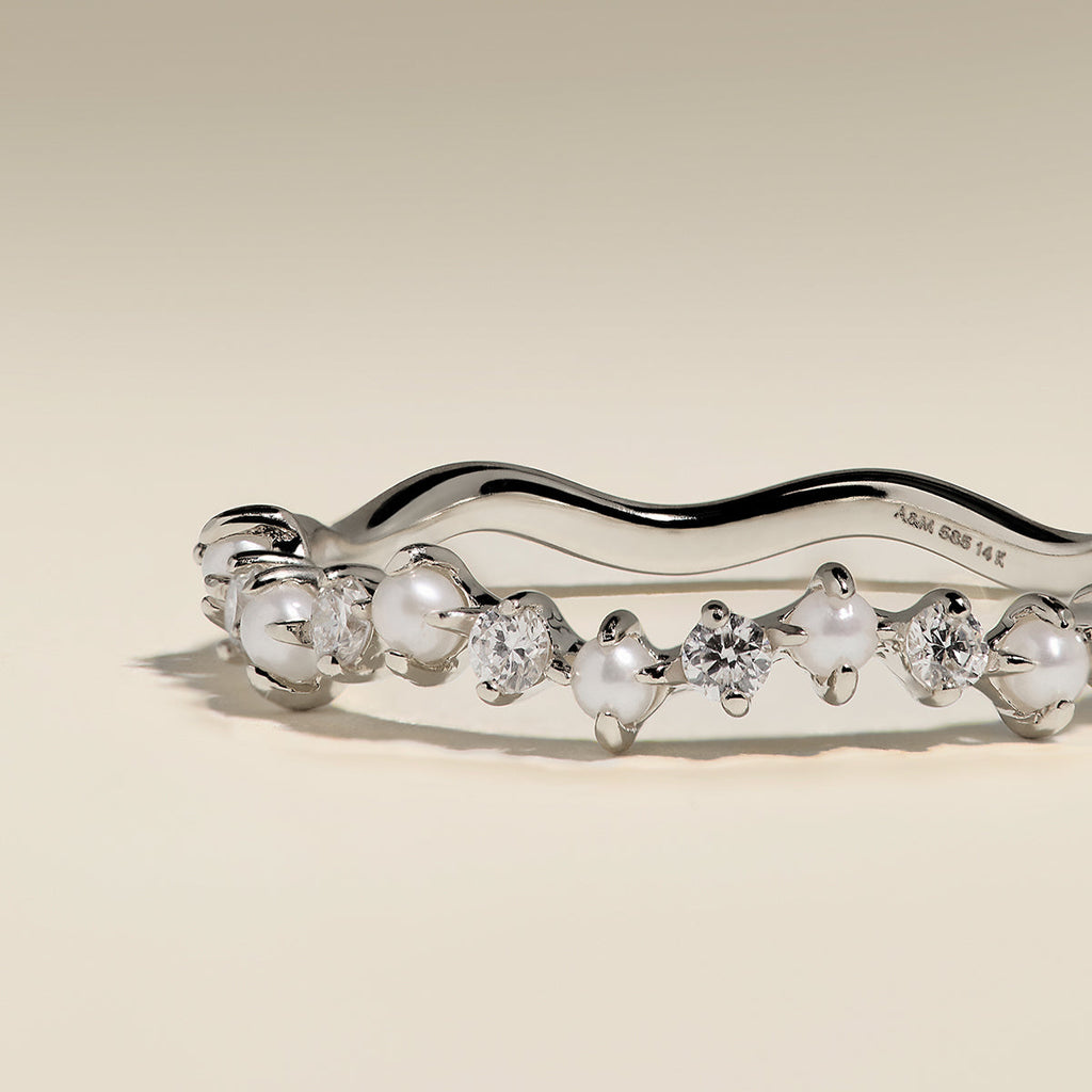Diamond & Pearl Scalloped Ring in Solid White Gold