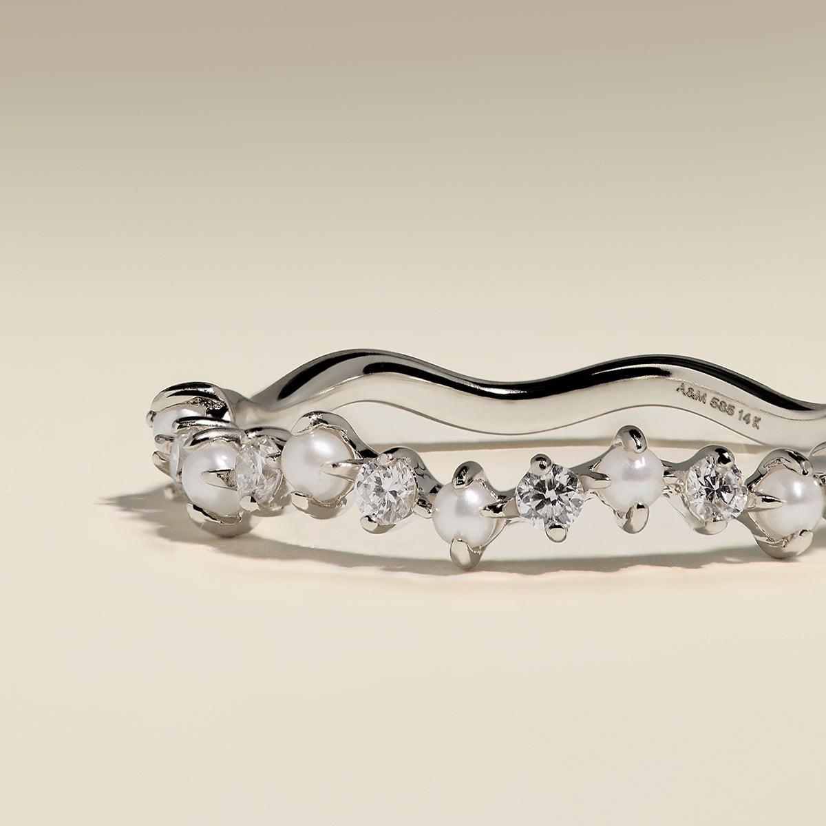 Diamond & Pearl Scalloped Ring in Solid White Gold