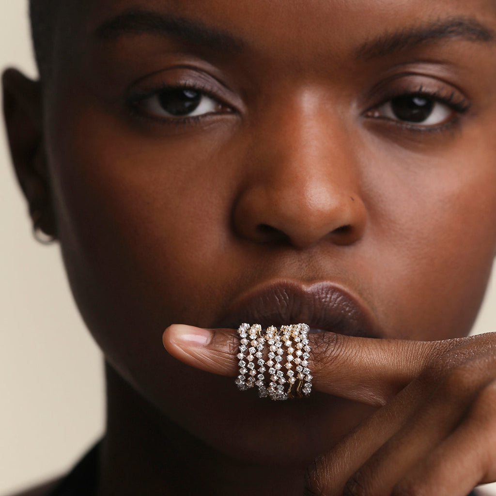 Diamond & Pearl Scalloped Ring in Solid White Gold