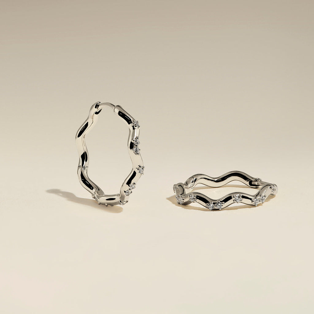Scalloped Crystal Medium Hoops in Silver