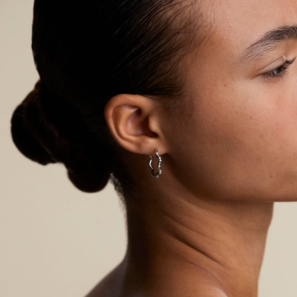 Scalloped Crystal Medium Hoops in Silver