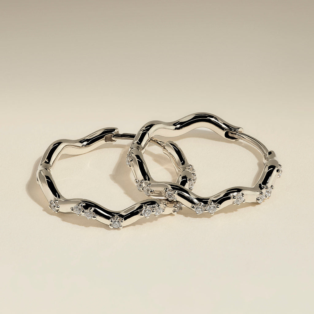 Scalloped Crystal Medium Hoops in Silver