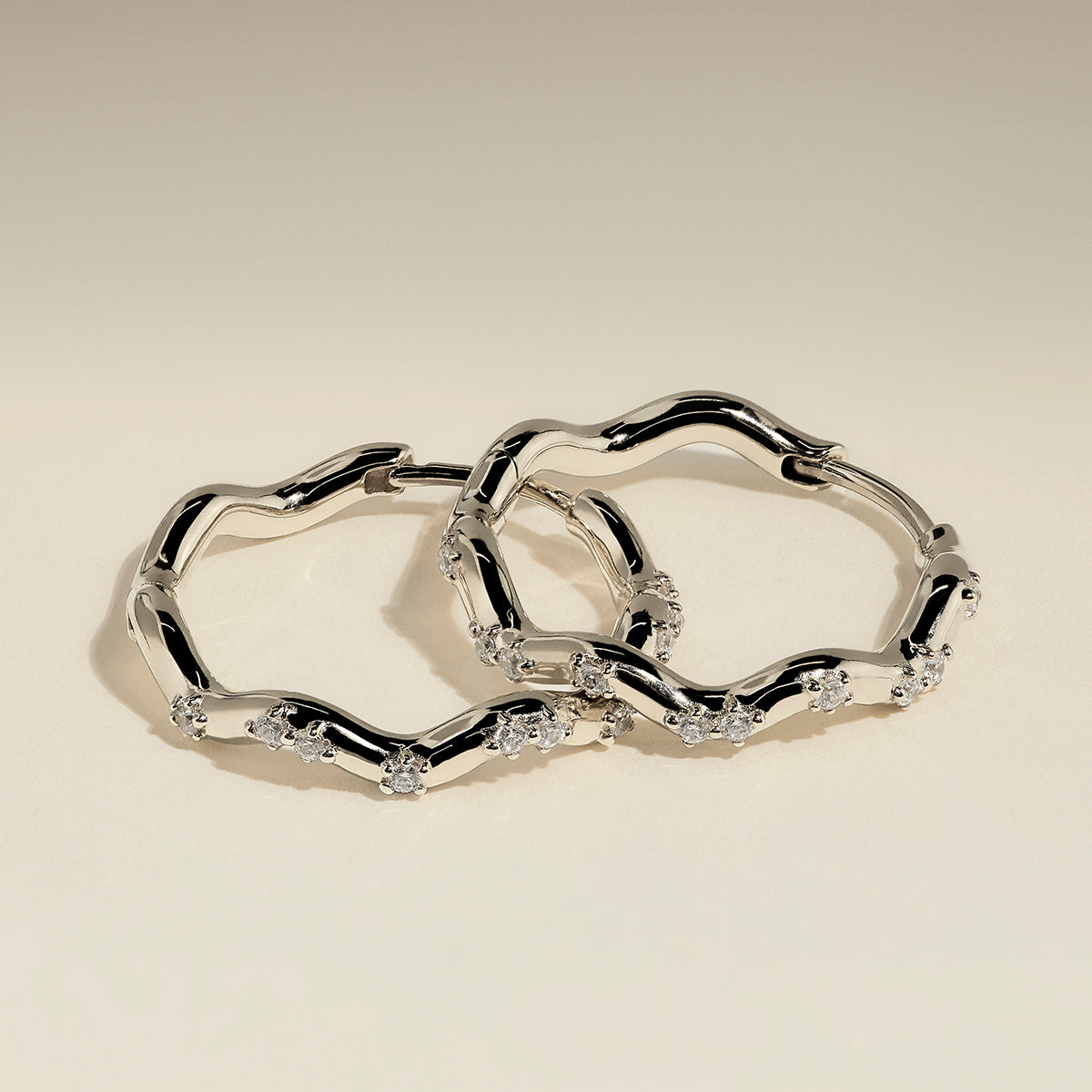Scalloped Crystal Medium Hoops in Silver