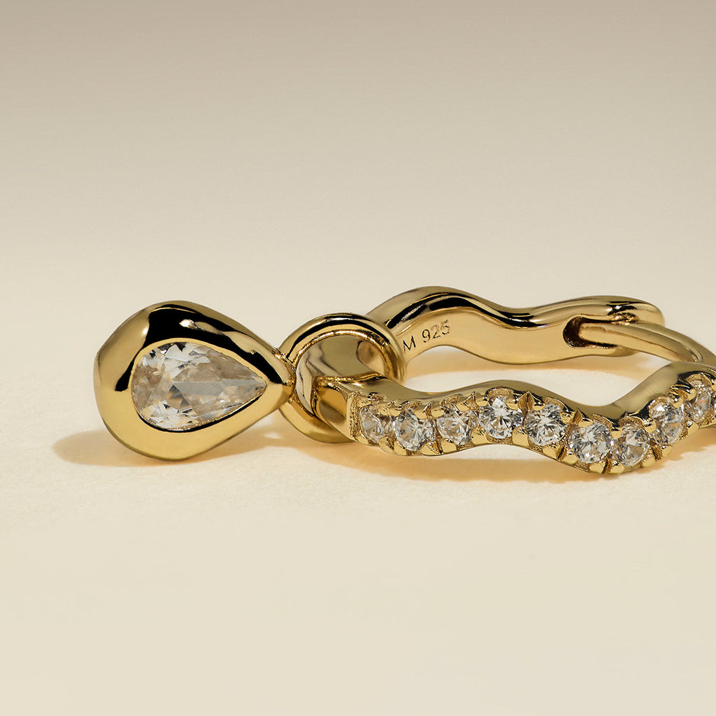 Scalloped Crystal Charm Huggies in Gold