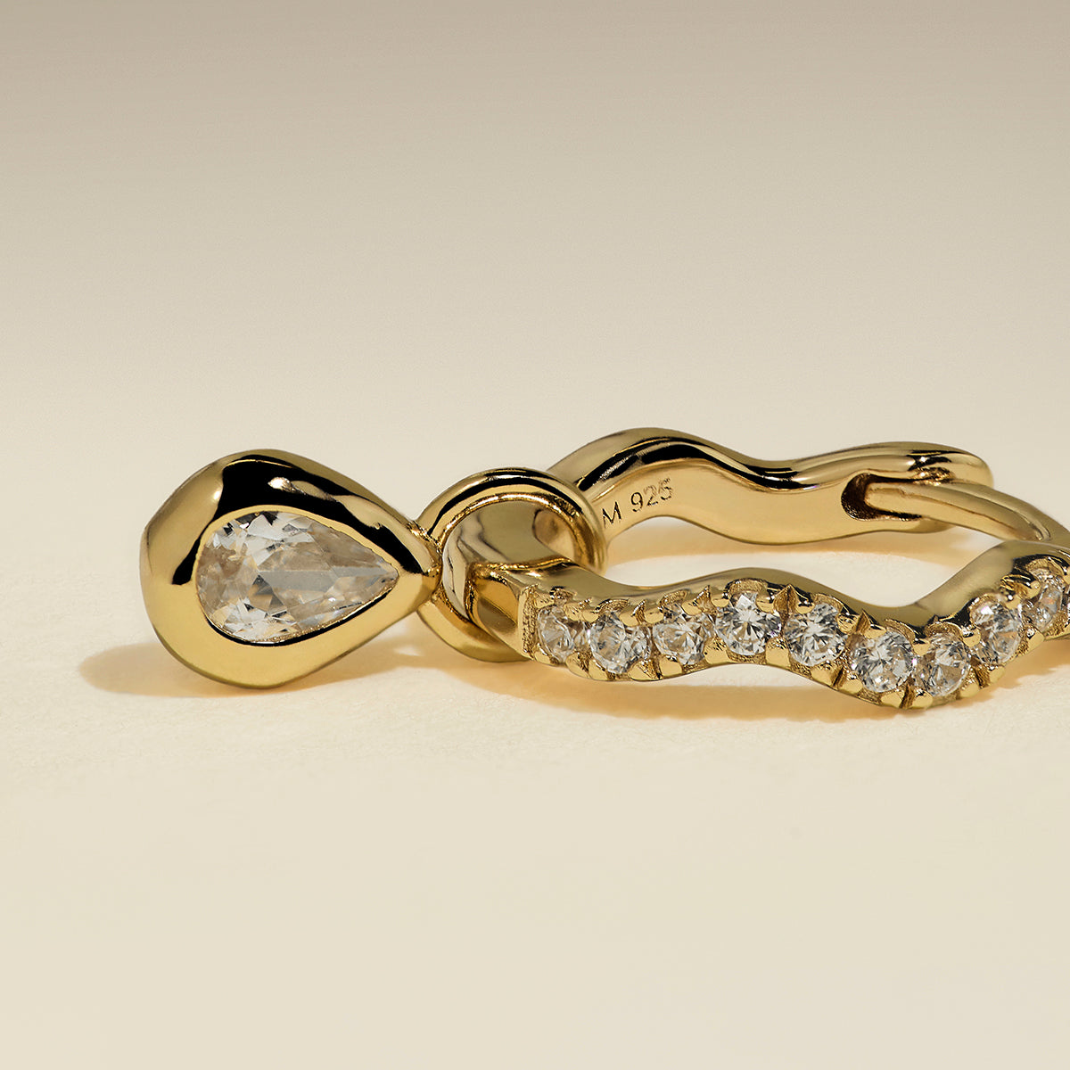 Scalloped Crystal Charm Huggies in Gold