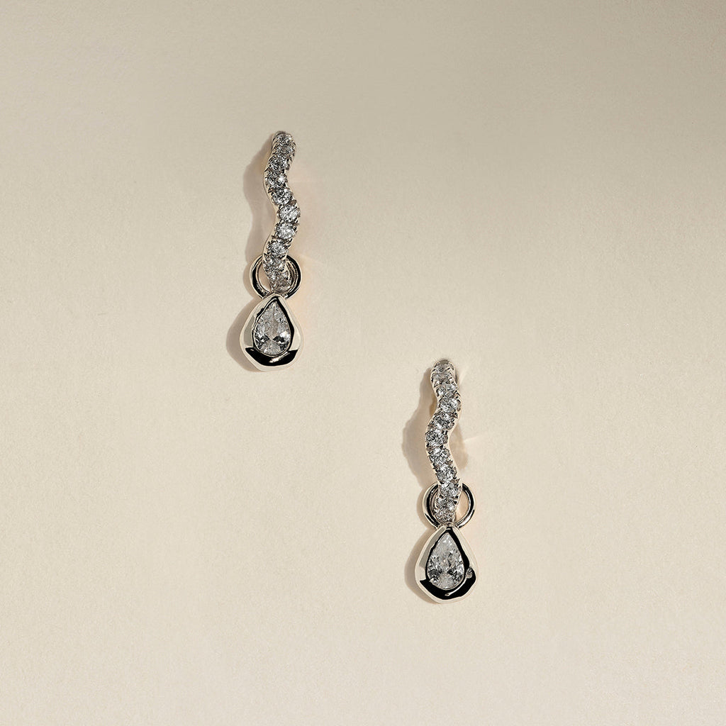 Scalloped Crystal Charm Huggies in Silver