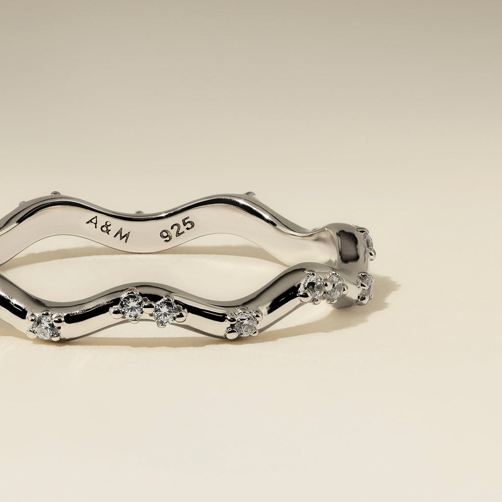 Scalloped Crystal Band Ring in Silver