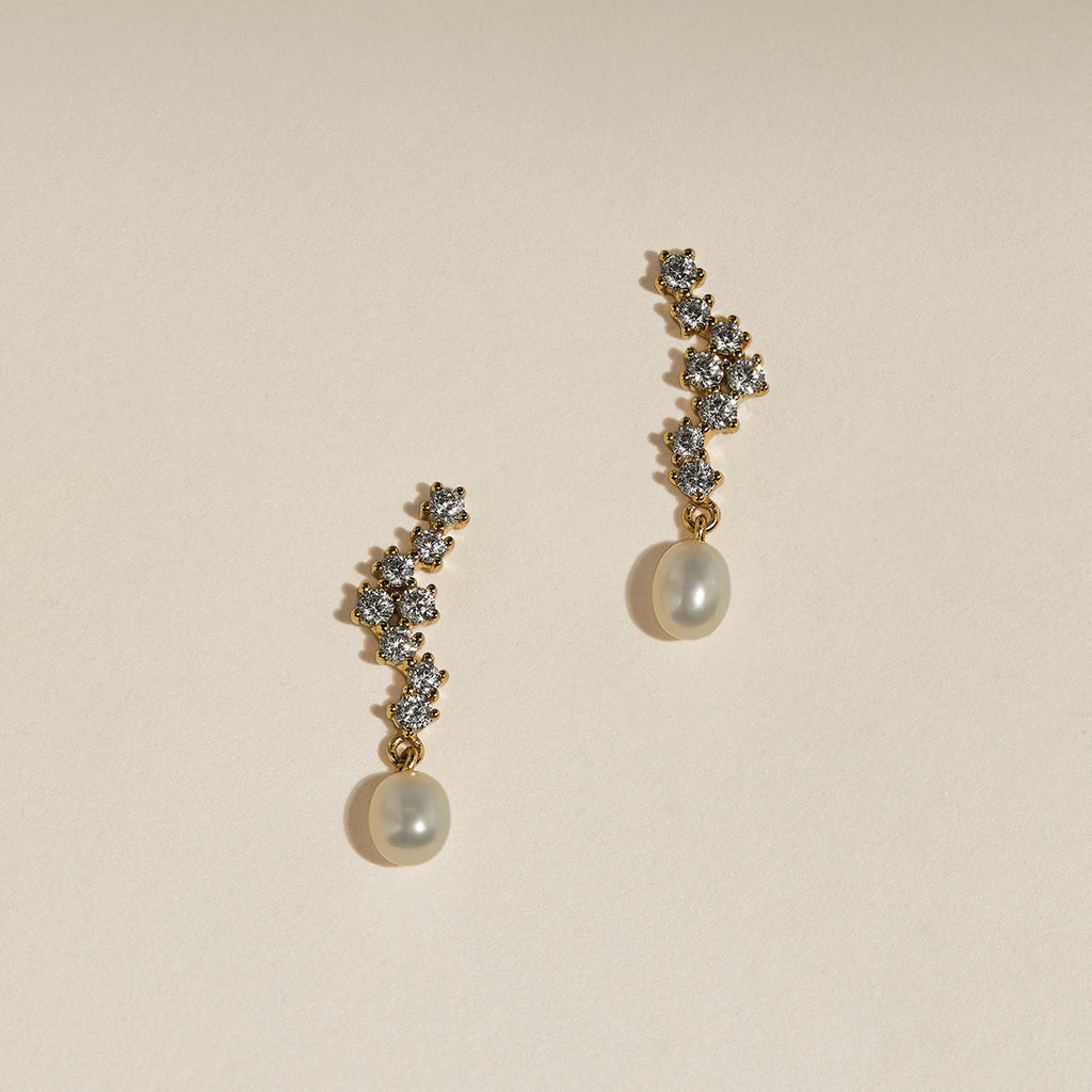 Scalloped Crystal Charm Studs in Gold