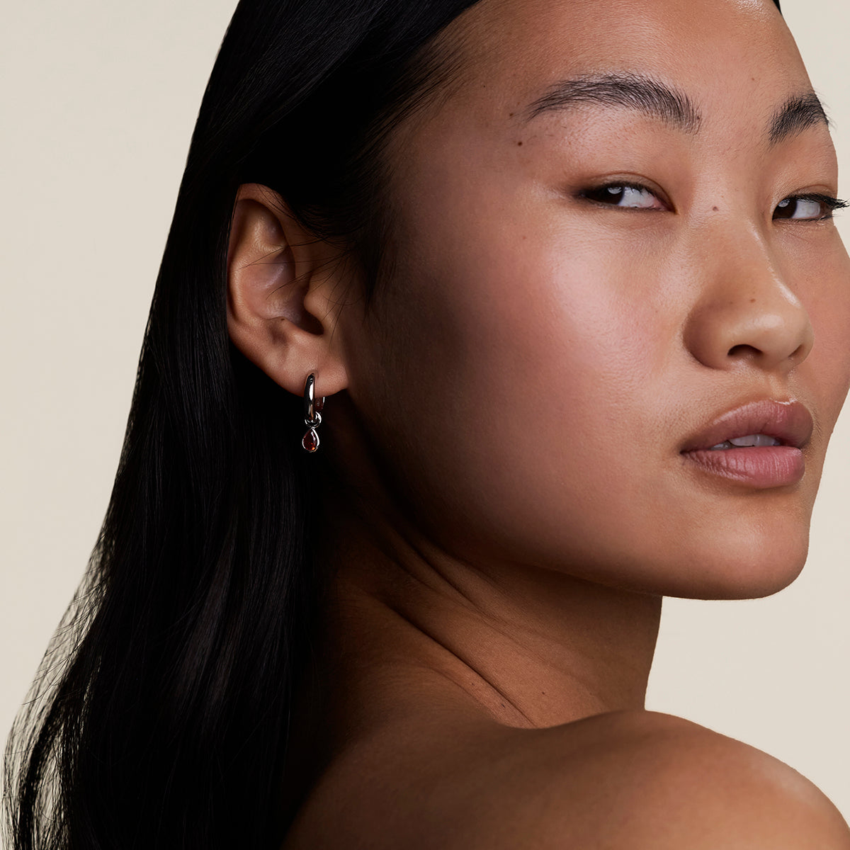 Sunset Pear Charm Hoops in Silver