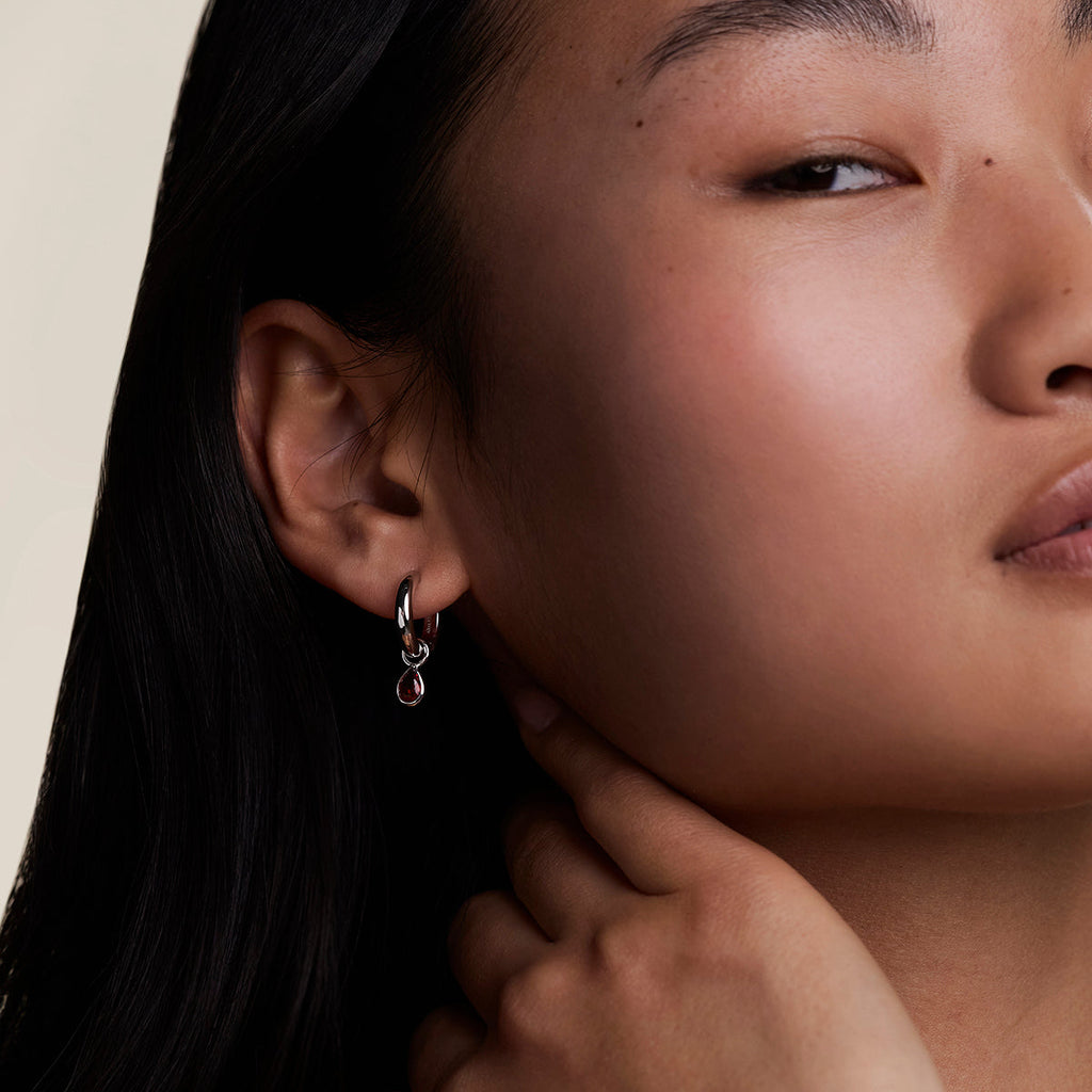 Sunset Pear Charm Hoops in Silver