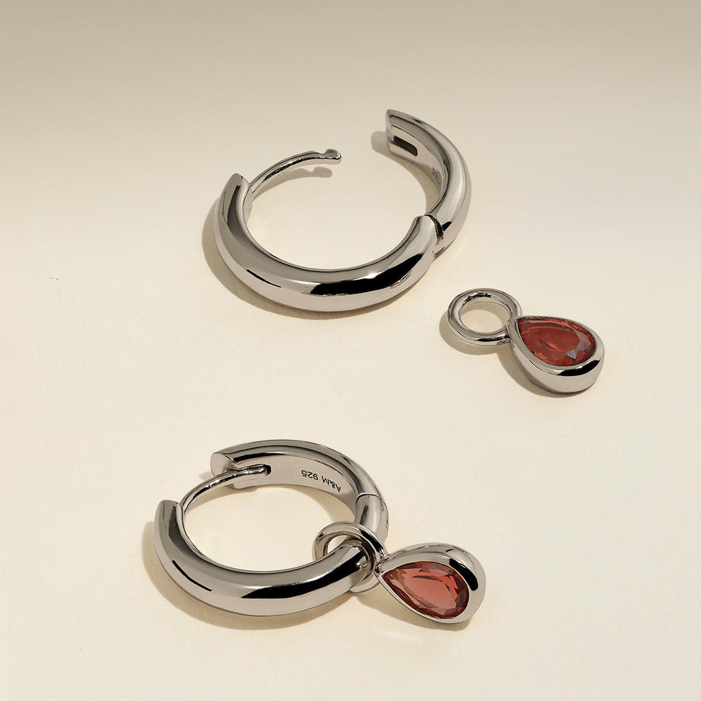 Sunset Pear Charm Hoops in Silver