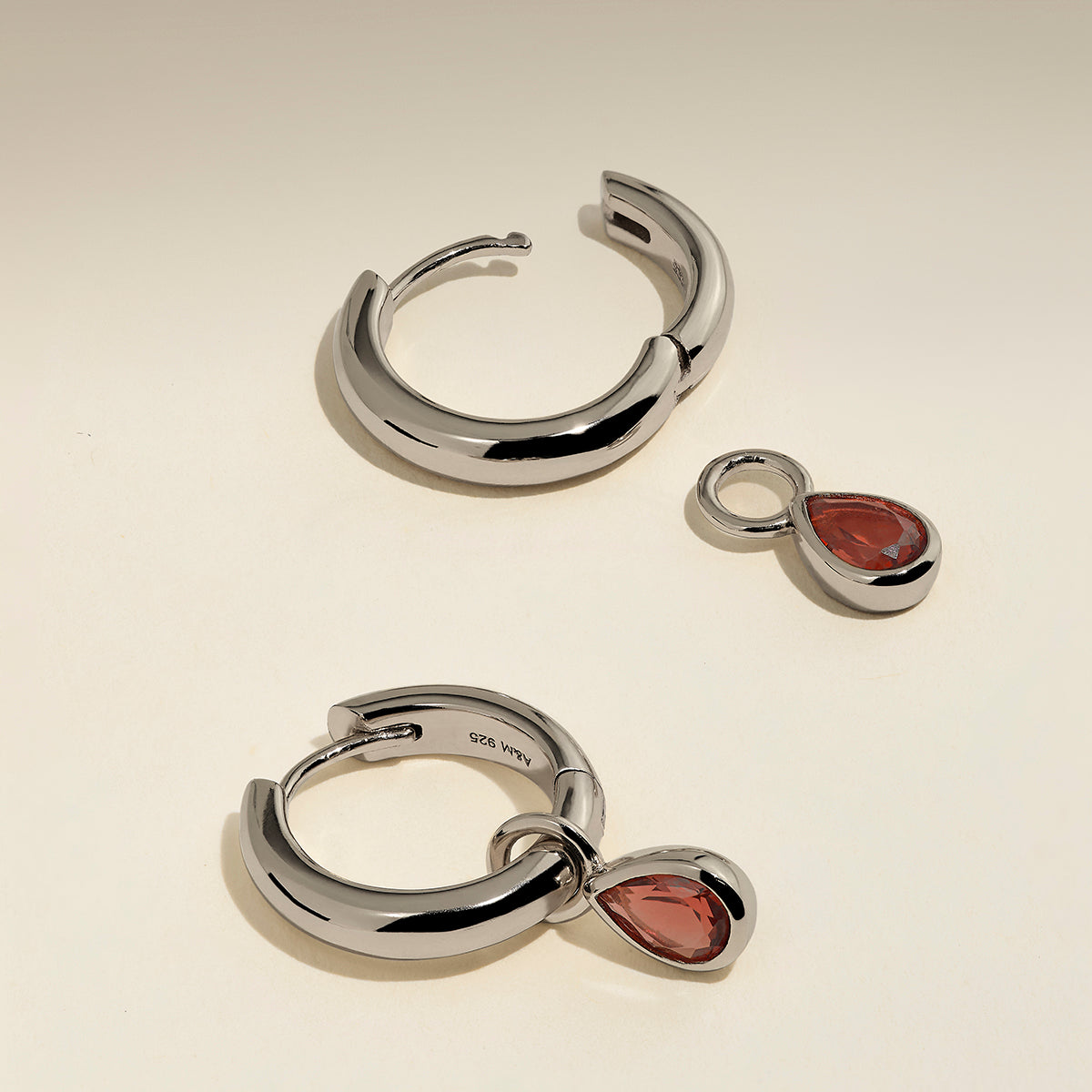 Sunset Pear Charm Hoops in Silver