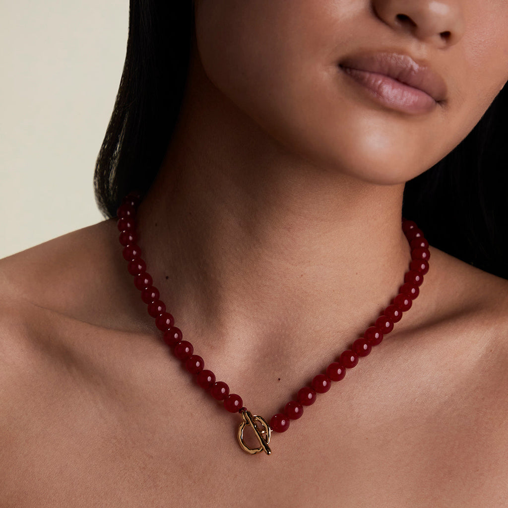 Sunset Red Beaded Necklace in Gold