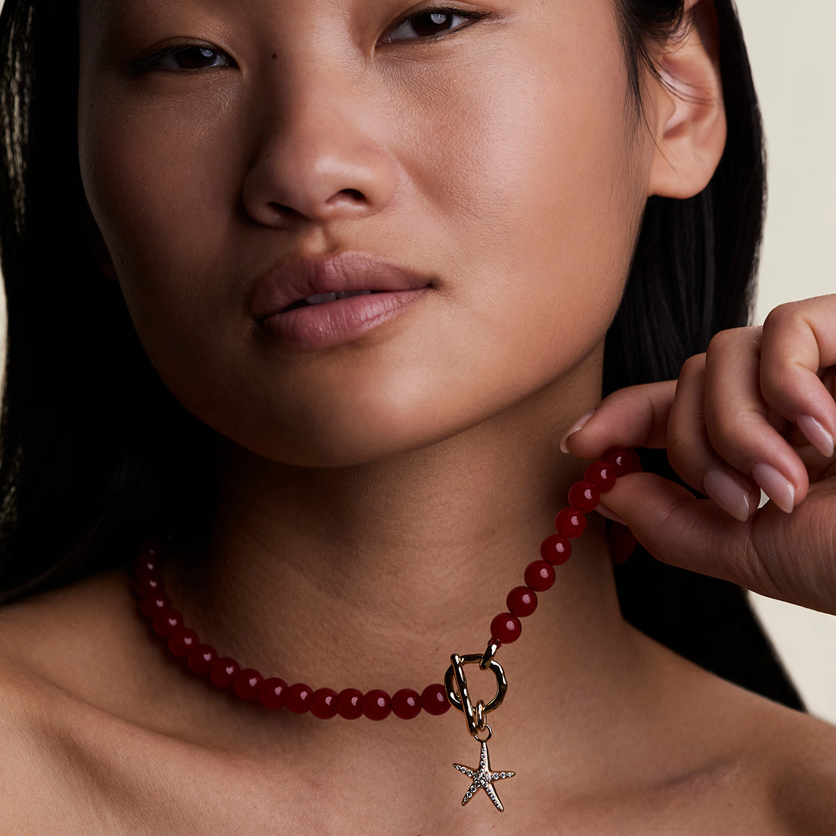 Sunset Red Beaded Necklace in Gold