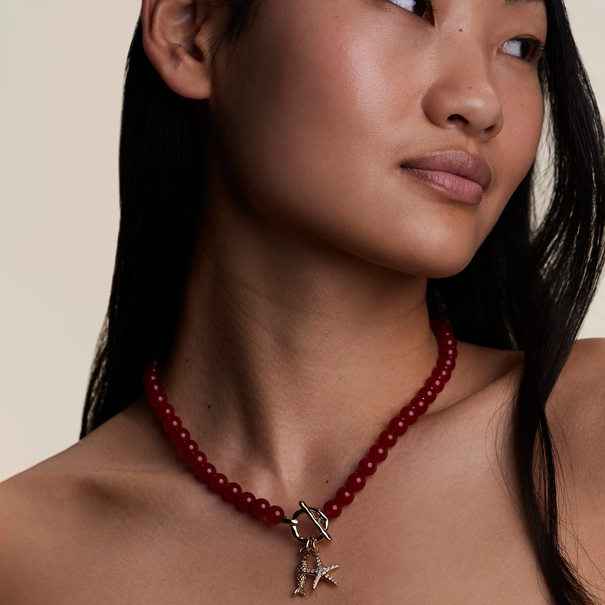 Sunset Red Beaded Necklace in Gold