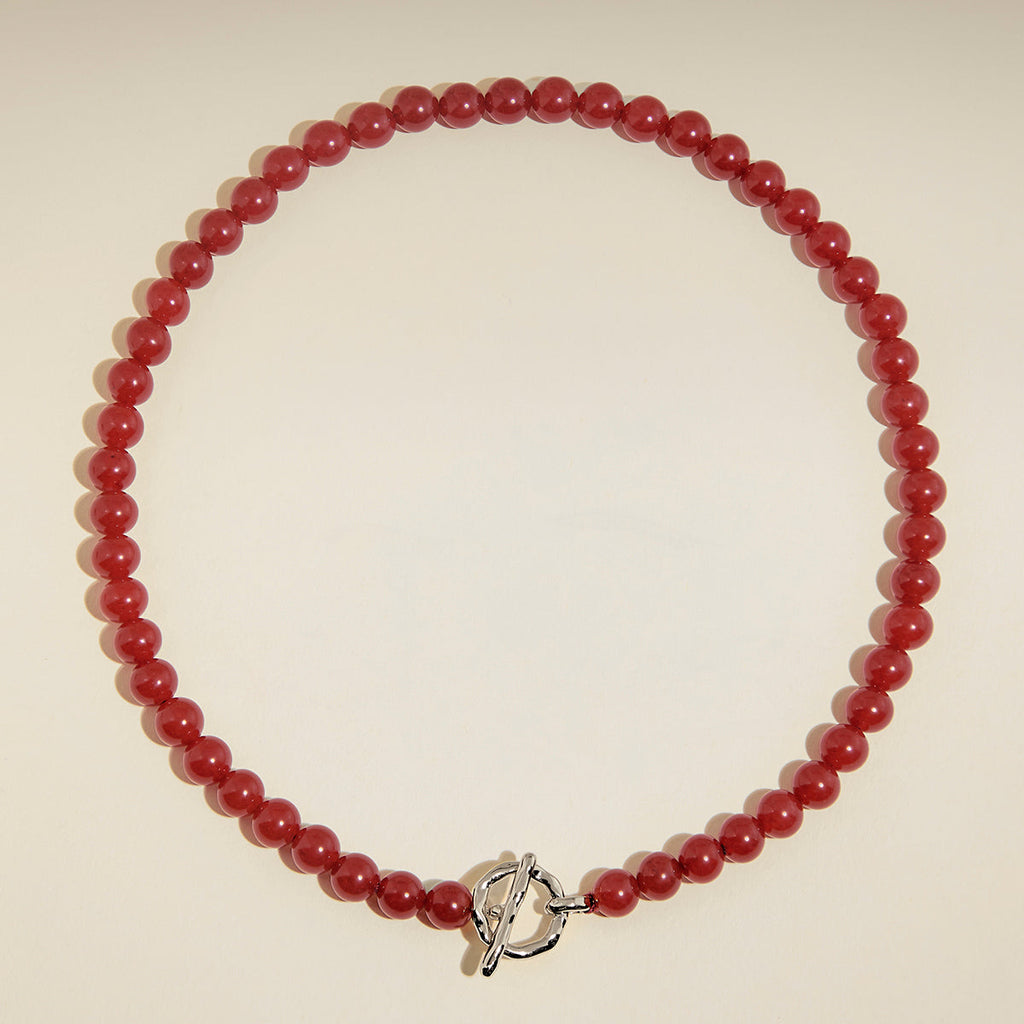 Sunset Red Beaded Necklace in Silver