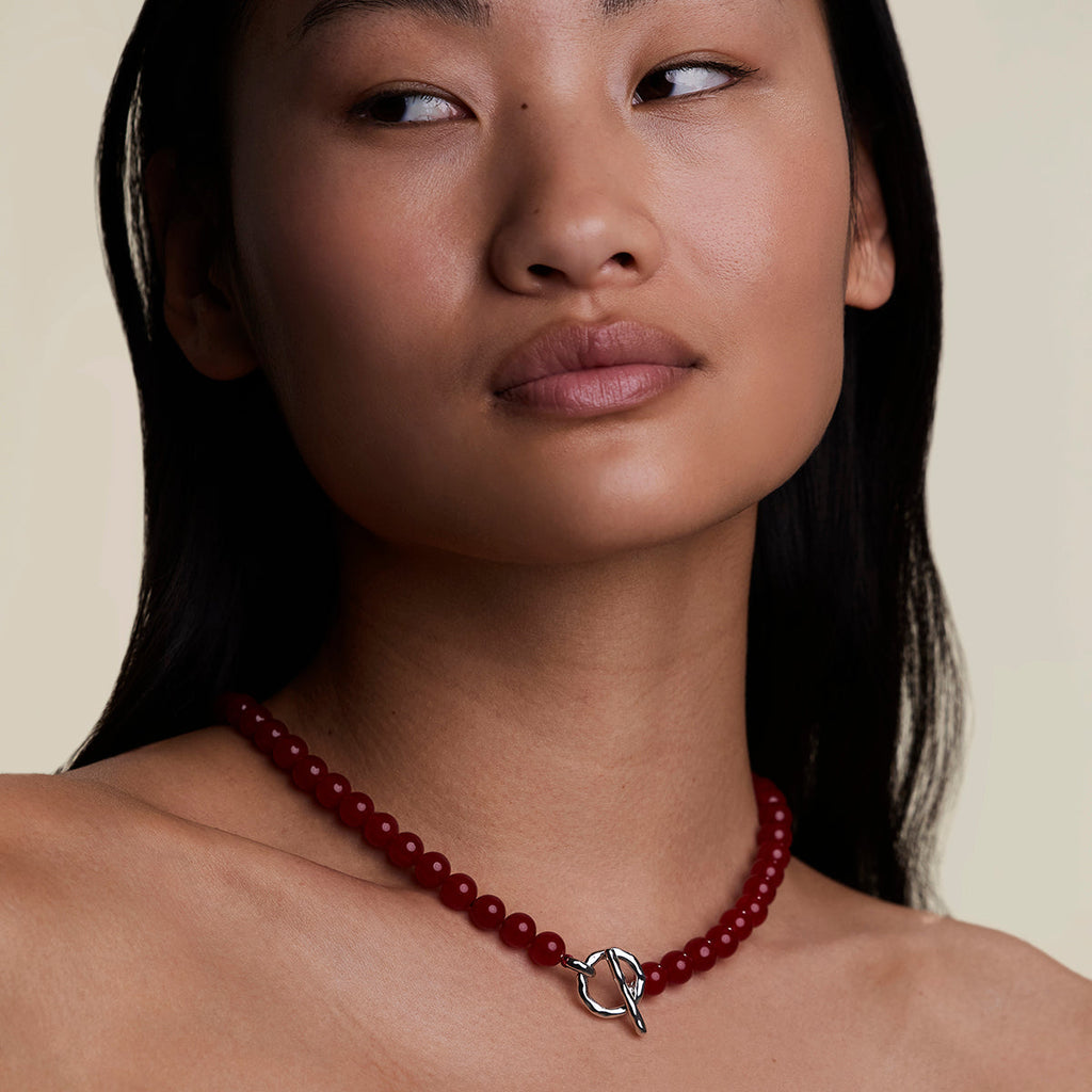 Sunset Red Beaded Necklace in Silver
