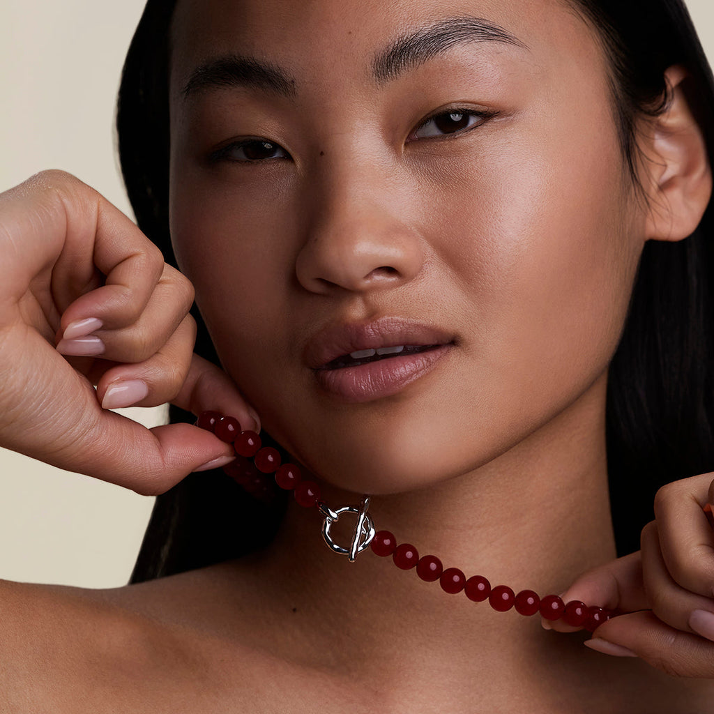 Sunset Red Beaded Necklace in Silver