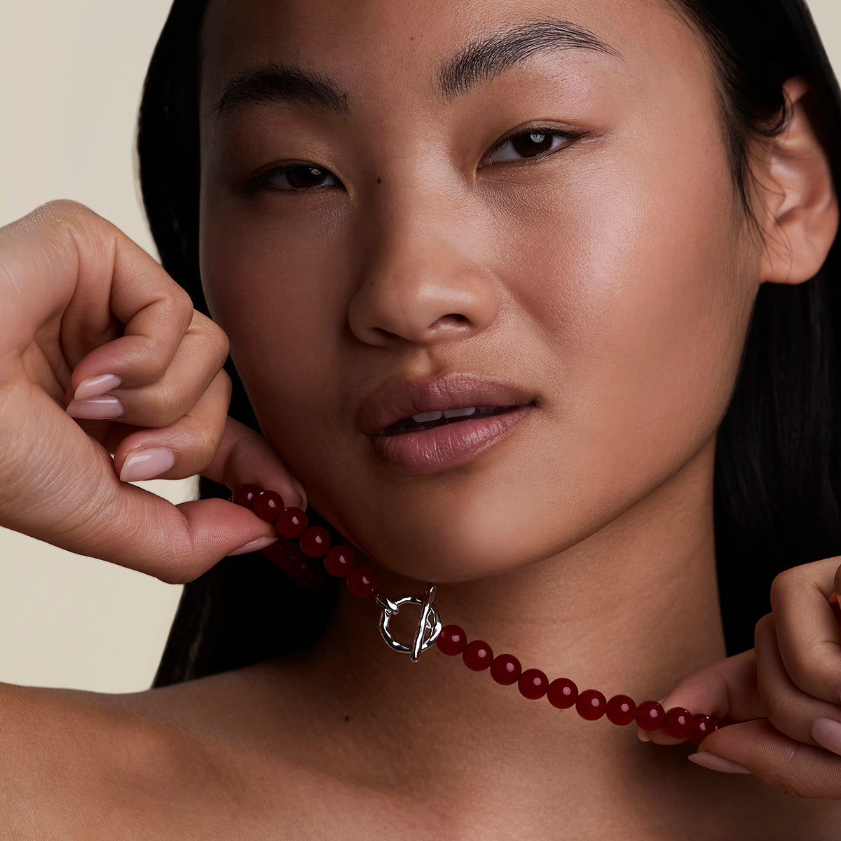Sunset Red Beaded Necklace in Silver