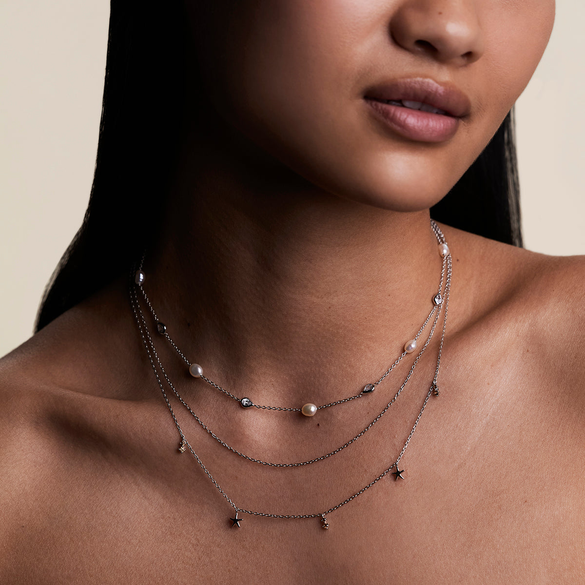 Starfish Double Chain Necklace in Silver