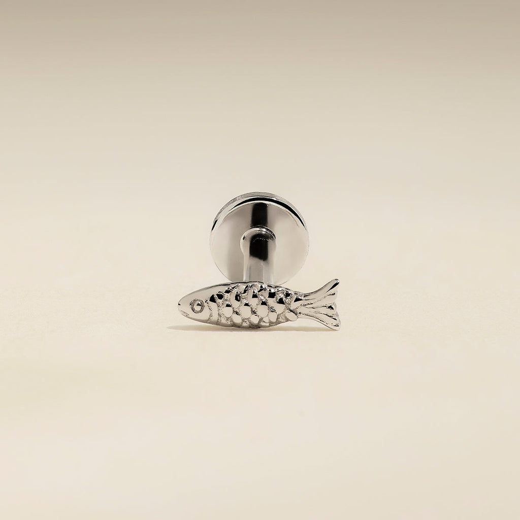Fish Piercing Stud in Solid White Gold