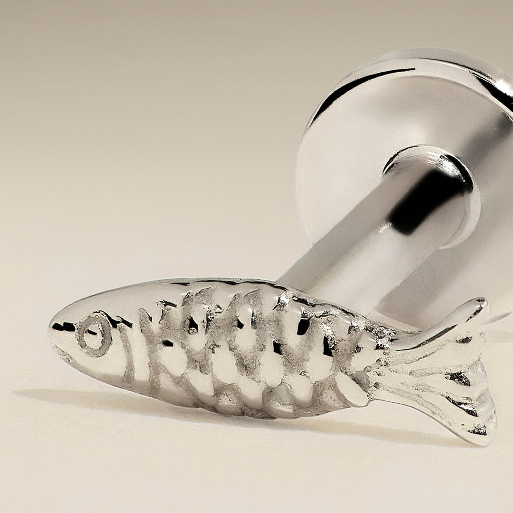 Fish Piercing Stud in Solid White Gold
