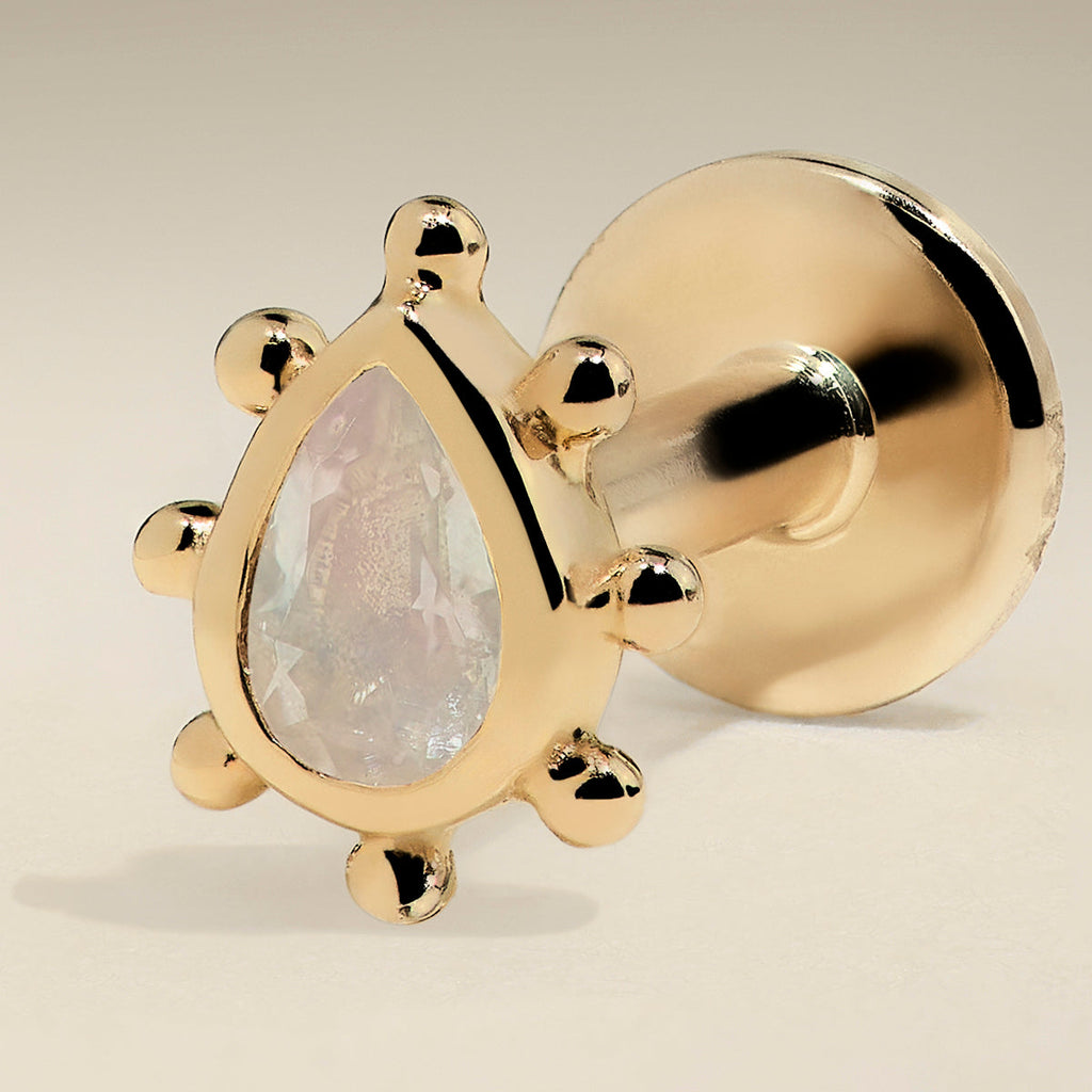 Moonstone Beaded Piercing Stud in Solid Gold