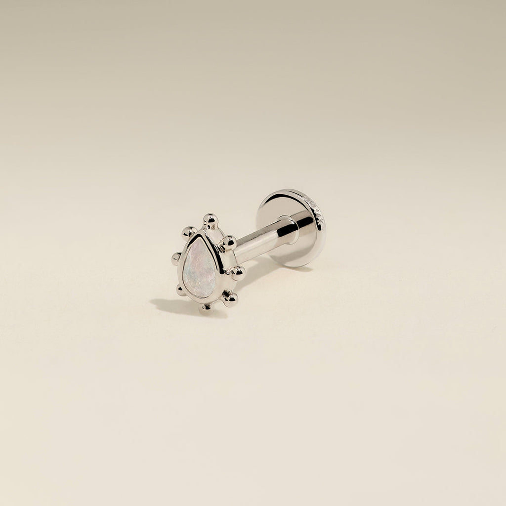 Moonstone Beaded Piercing Stud in Solid White Gold
