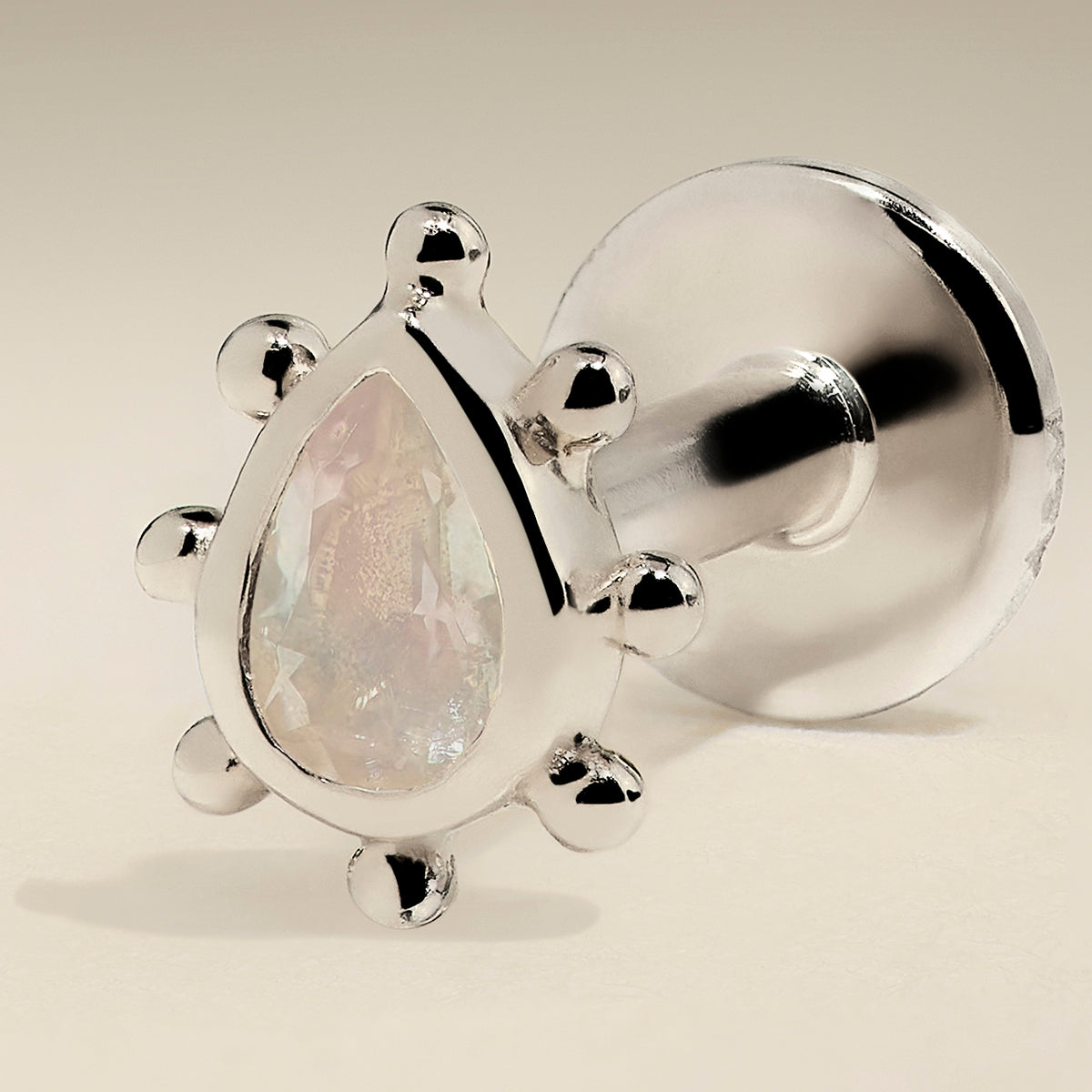 Moonstone Beaded Piercing Stud in Solid White Gold