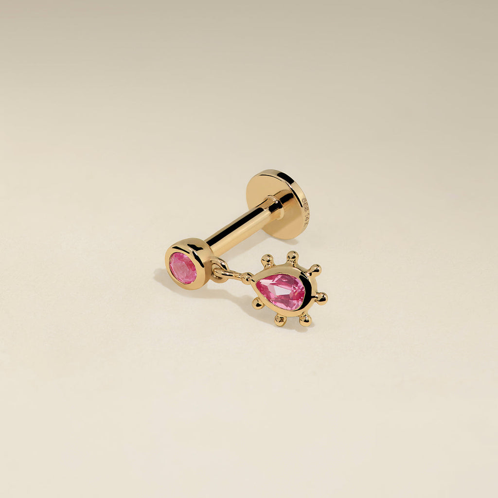 Pink Sapphire Beaded Charm Piercing Stud in Solid Gold