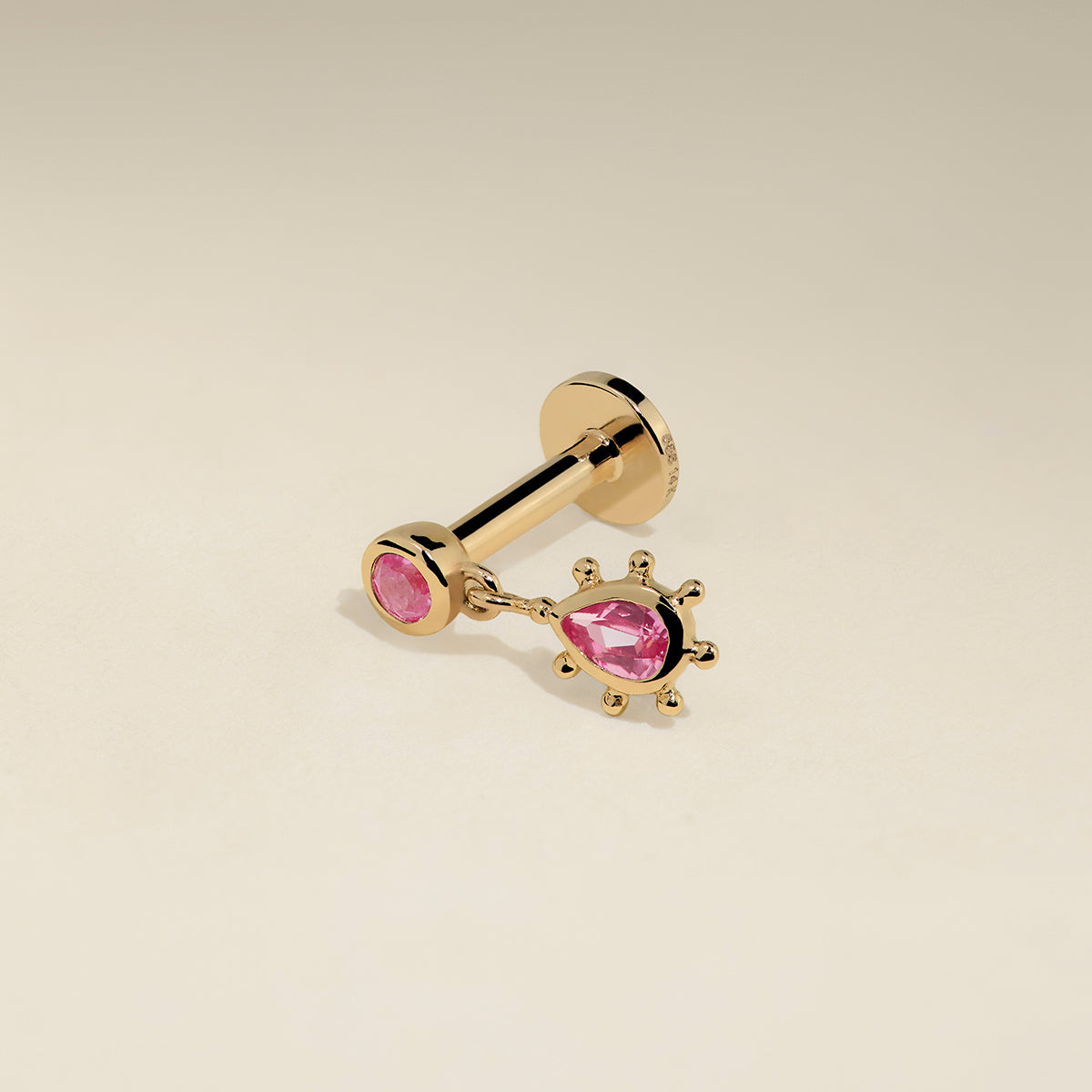 Pink Sapphire Beaded Charm Piercing Stud in Solid Gold