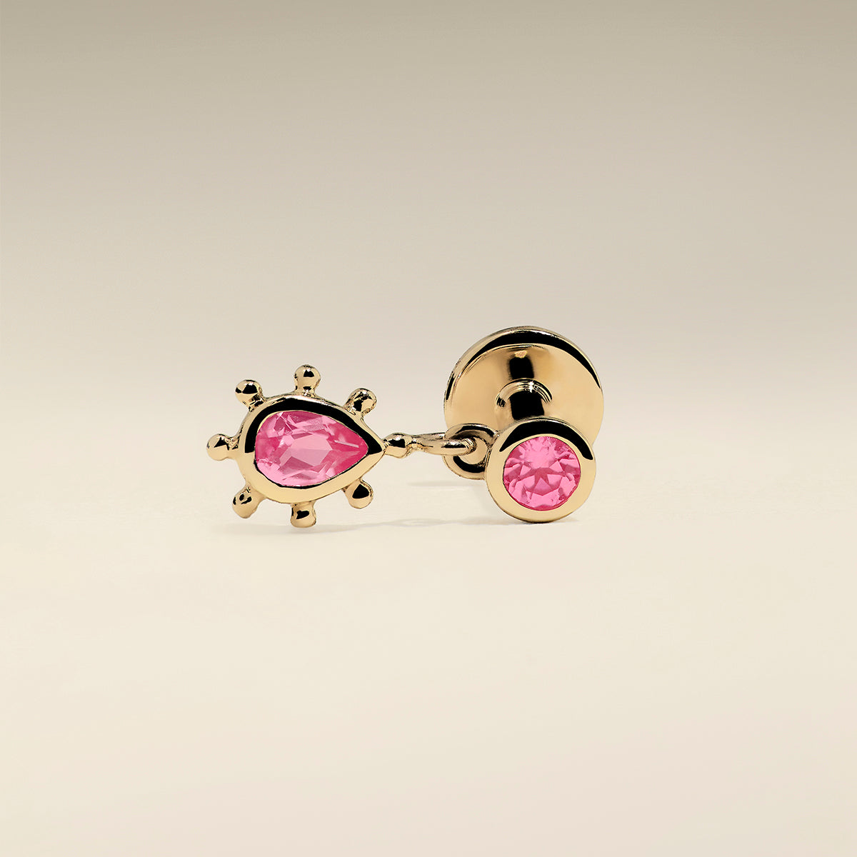 Pink Sapphire Beaded Charm Piercing Stud in Solid Gold