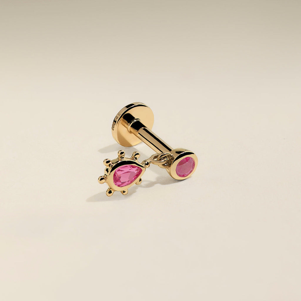 Pink Sapphire Beaded Charm Piercing Stud in Solid Gold