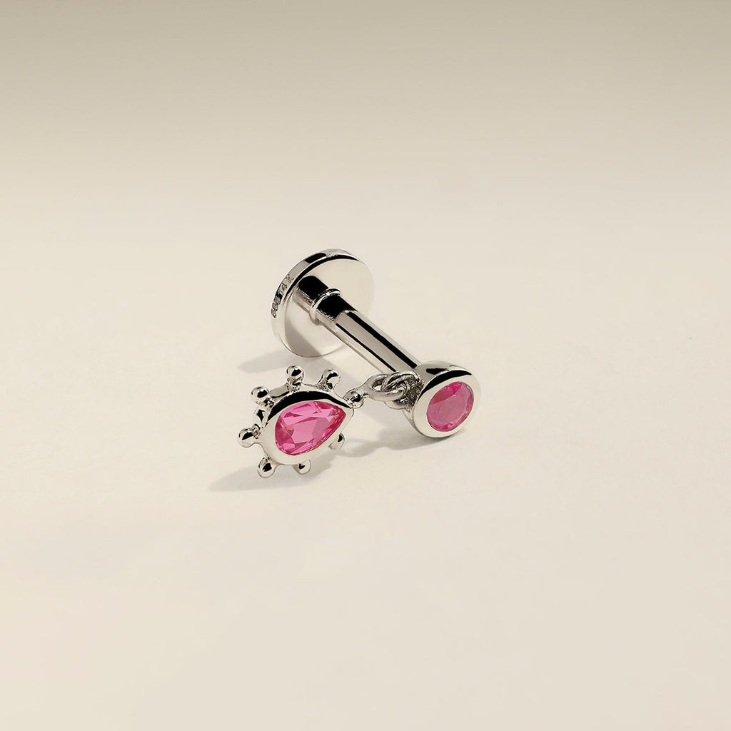 Pink Sapphire Beaded Charm Piercing Stud in Solid White Gold