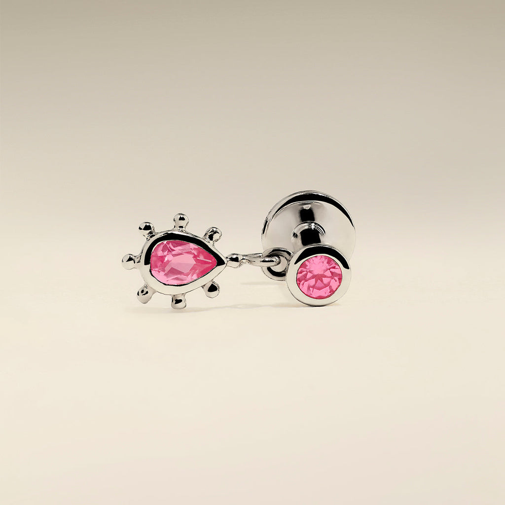 Pink Sapphire Beaded Charm Piercing Stud in Solid White Gold