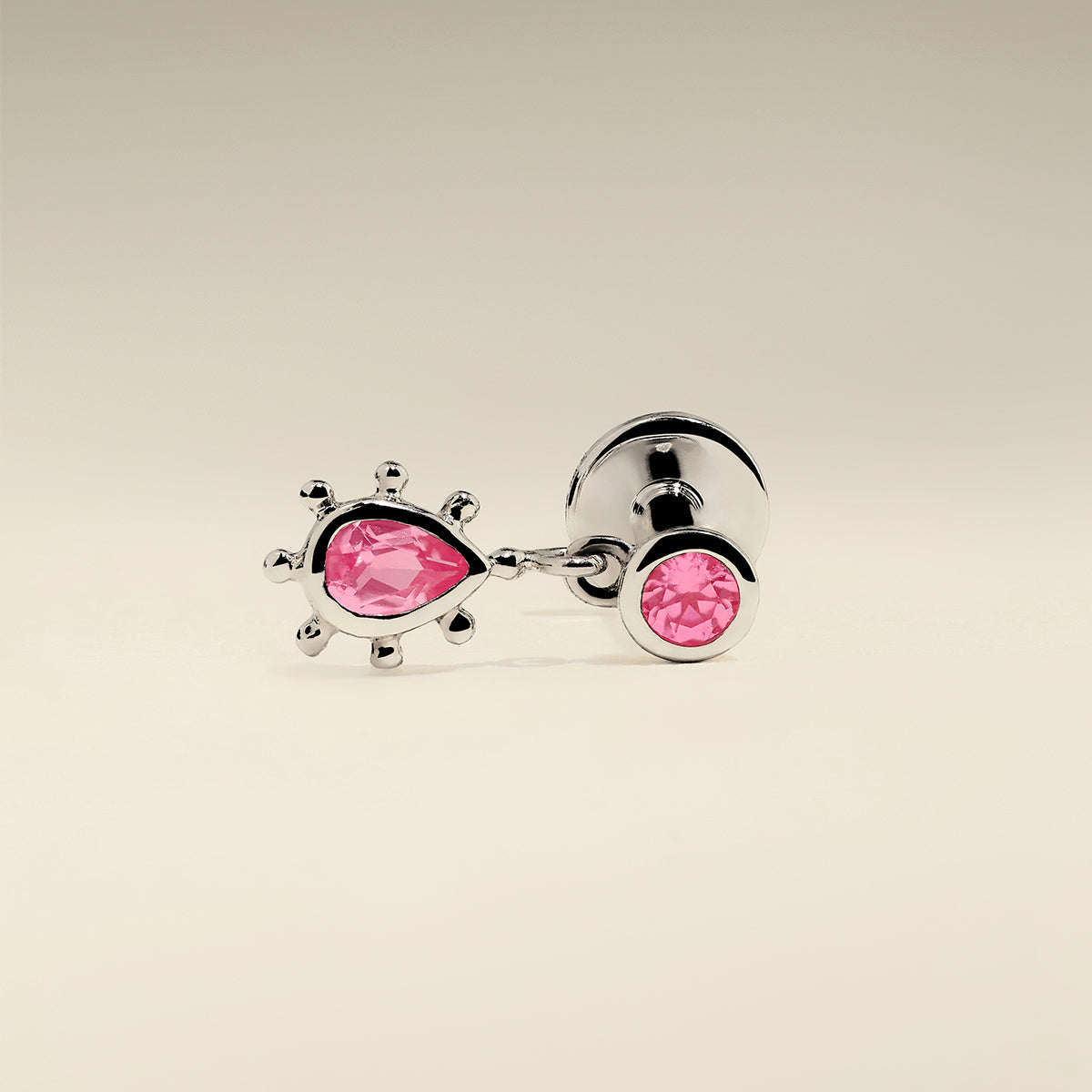 Pink Sapphire Beaded Charm Piercing Stud in Solid White Gold