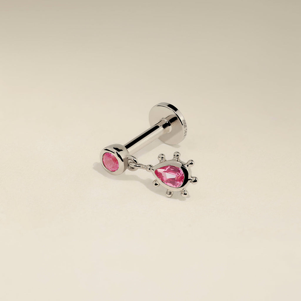 Pink Sapphire Beaded Charm Piercing Stud in Solid White Gold