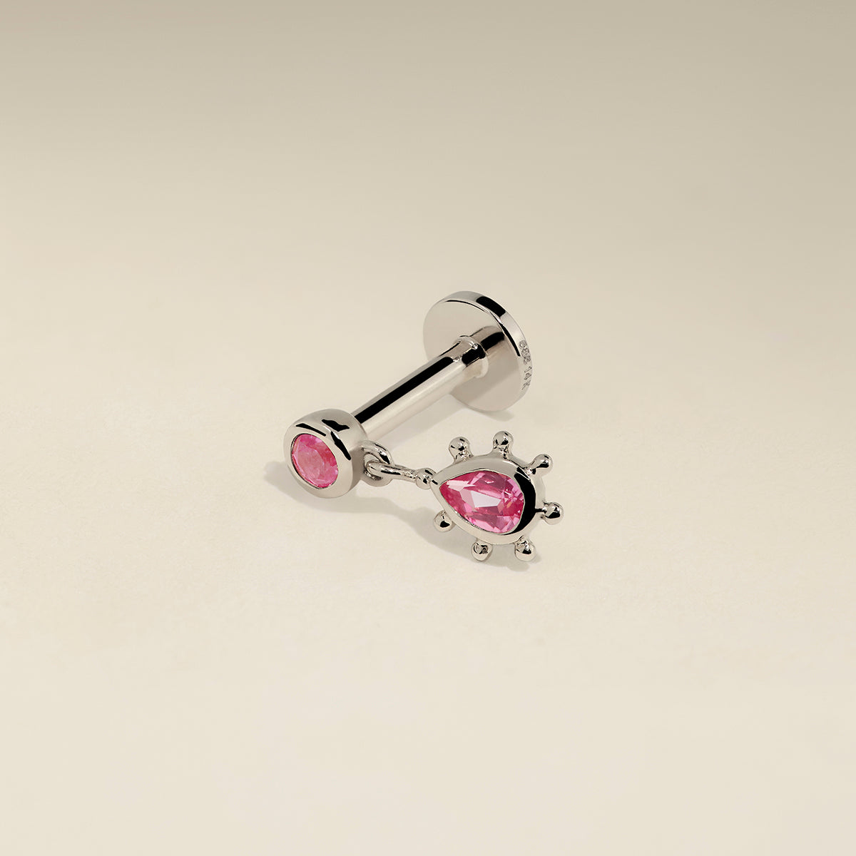 Pink Sapphire Beaded Charm Piercing Stud in Solid White Gold