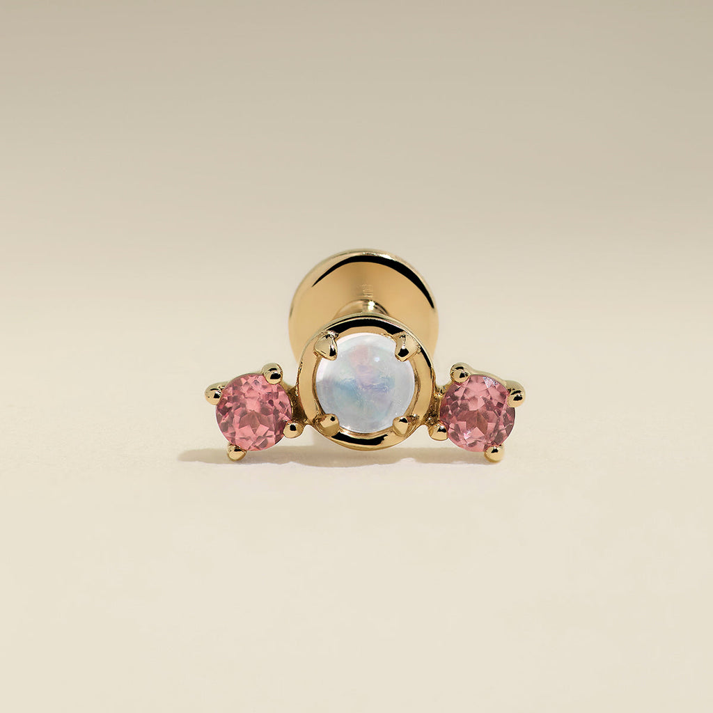 Moonstone & Padparadscha Cluster Piercing Stud in Solid Gold