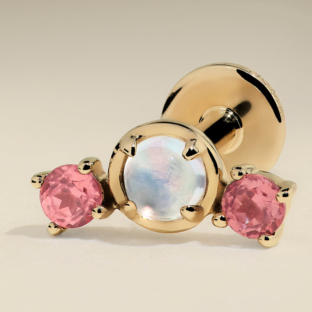 Moonstone & Padparadscha Cluster Piercing Stud in Solid Gold