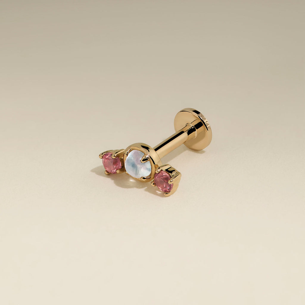 Moonstone & Padparadscha Cluster Piercing Stud in Solid Gold