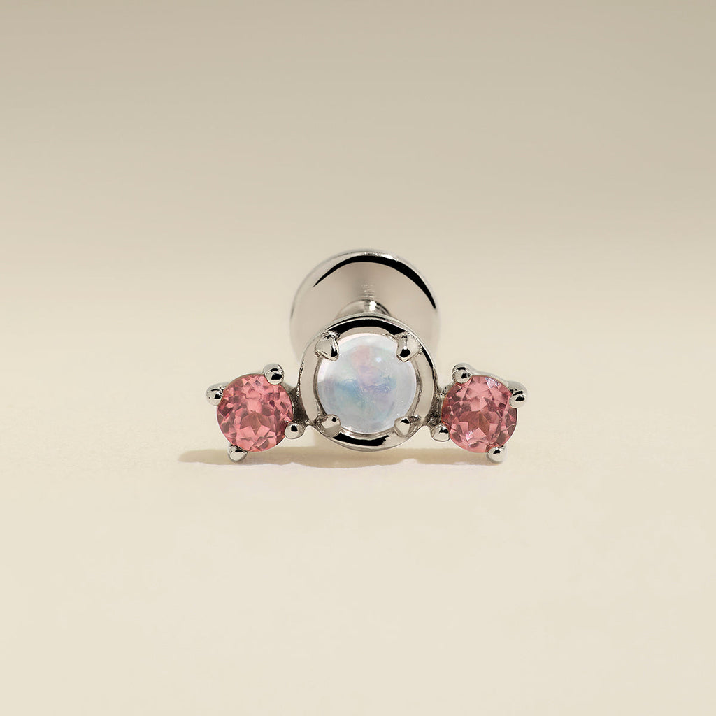 Moonstone & Padparadscha Cluster Piercing Stud in Solid White Gold
