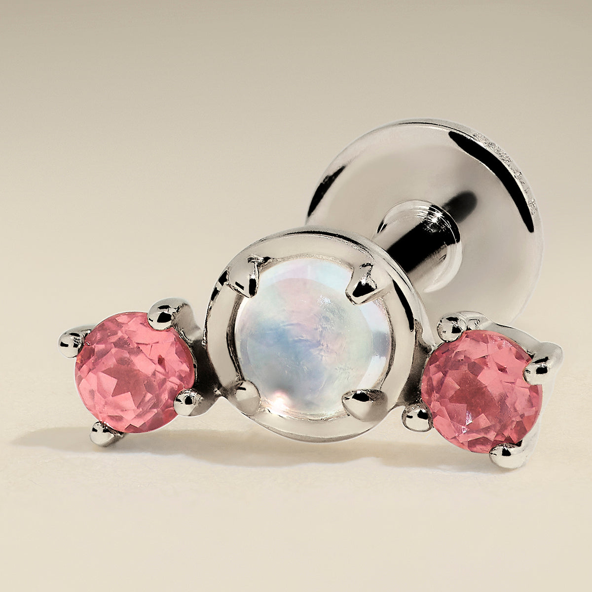 Moonstone & Padparadscha Cluster Piercing Stud in Solid White Gold